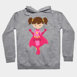 Superhero Girl, Brown Hair, Pink Cape, Cute Girl Hoodie